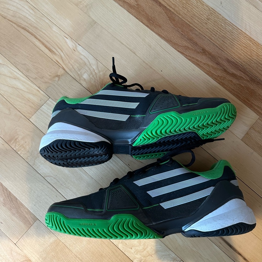 Men's Adidas Adizero Feather Black and Green Tennis Sneakers - size 11
